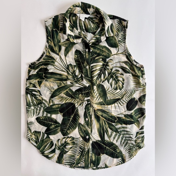 H&M Green Leaf Sheer Collared Sleeveless Button-Up Blouse - Size 8 - Picture 3 of 13